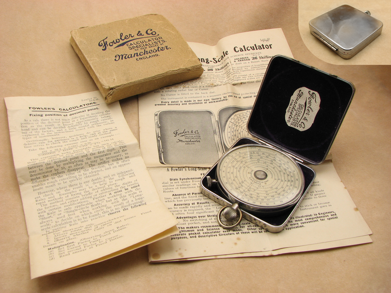 1930's Fowler's double sided Long scale pocket calculator in nickel case